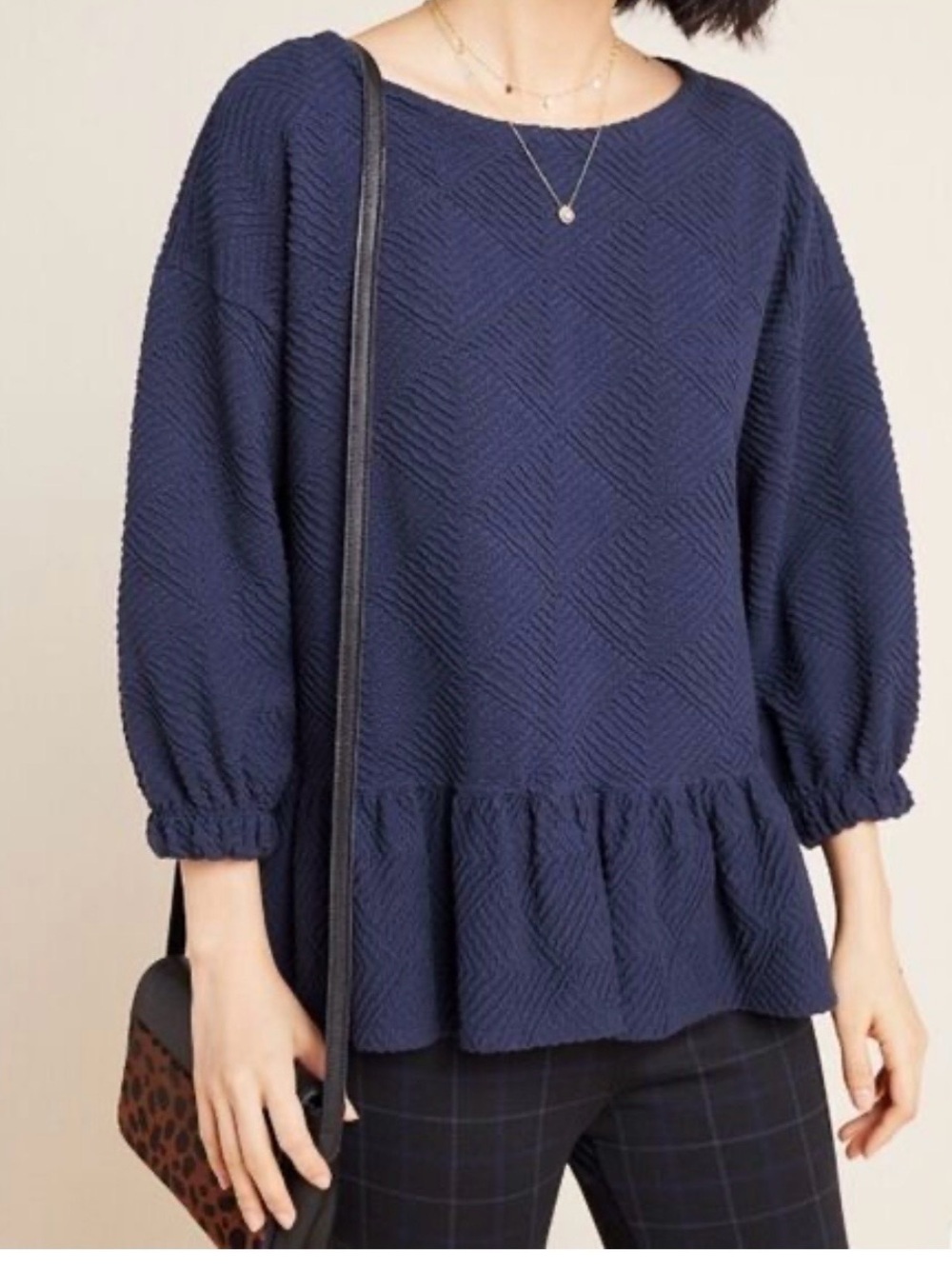 Anthropologie Maeve Textured Peplum Long Sleeve Top - Navy size medium